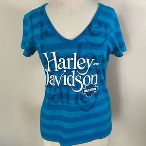 Women’s Harley Davidson Motorcycles shirt sleeve v neck Tshirt Sz M blue stripe
